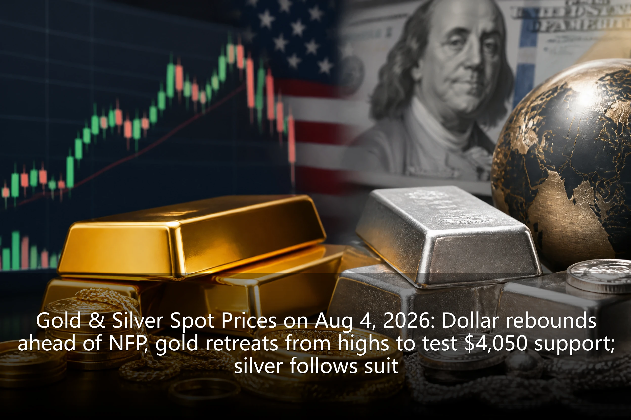 Gold & Silver Spot Prices on Aug 4, 2026: Dollar rebounds ahead of NFP, gold retreats from highs to test $4,050 support; silver follows suit